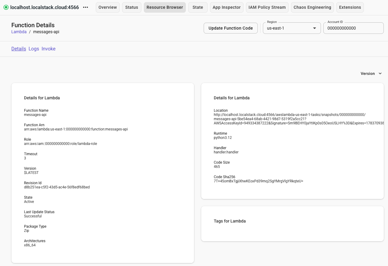 Lambda Resource Browser showing the details of a deployed Lambda function